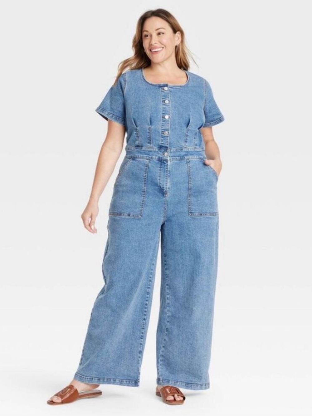 Ava & Viv Light Blue Short-Sleeve Wide-Leg Denim Jumpsuit